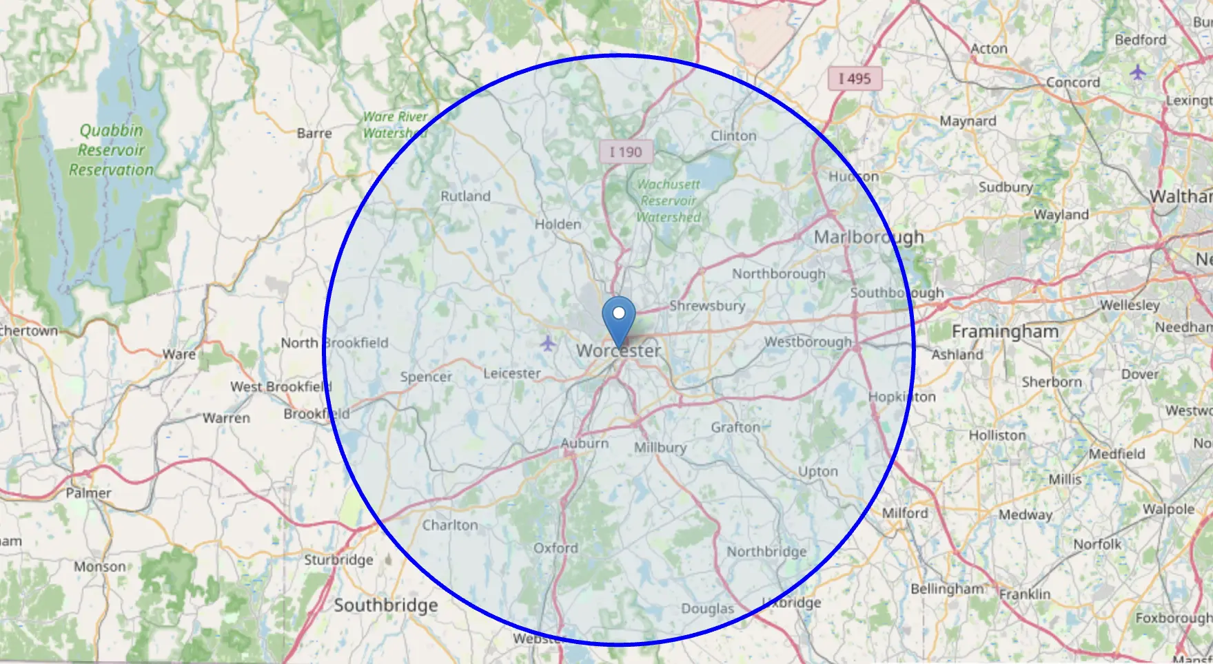 Map of the Fresno area with a blue circle marking the service radius, covering Clovis, Sanger, Fowler, Kerman, and Madera